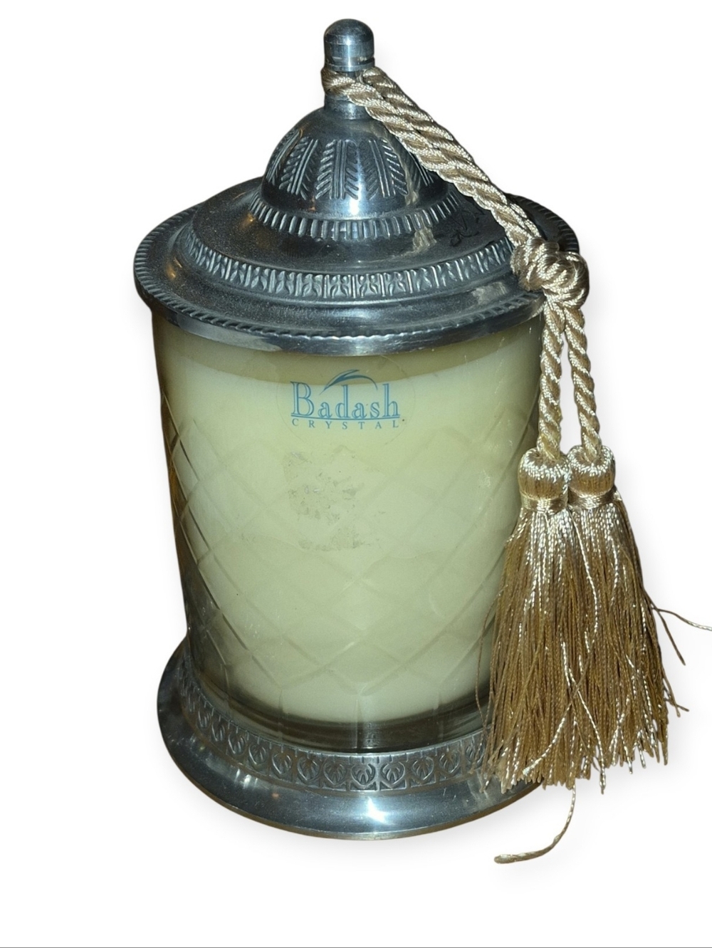 Hand Cut Crystal Candle Jar With Silver Adorned Lid/Base And Silk Tassel NWOT